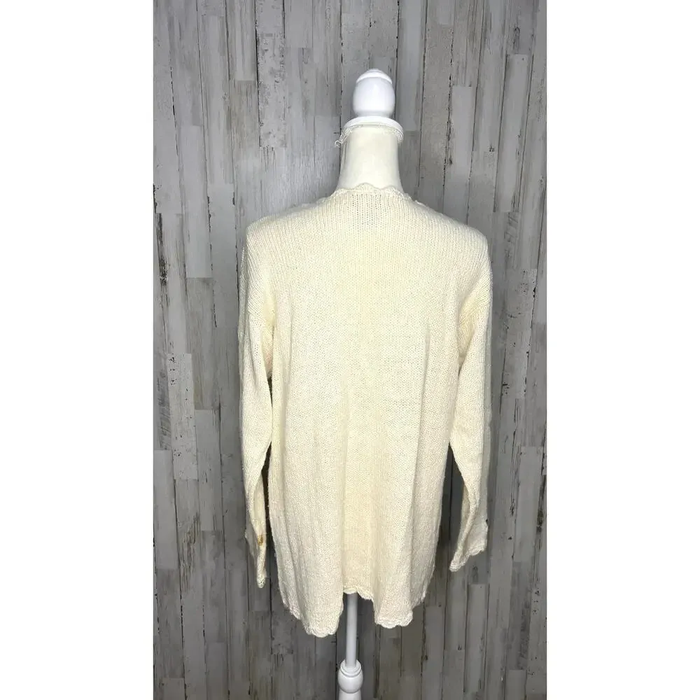 Vintage 80s Crystal Kobe Floral Embroidered Knit‎ Cardigan Beige Women's Medium - Image 4