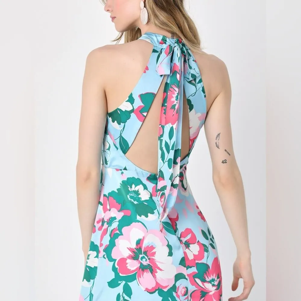 NWT Lulus Charming Celebrations Light Blue Floral Halter Midi Dress Size XS - Image 12