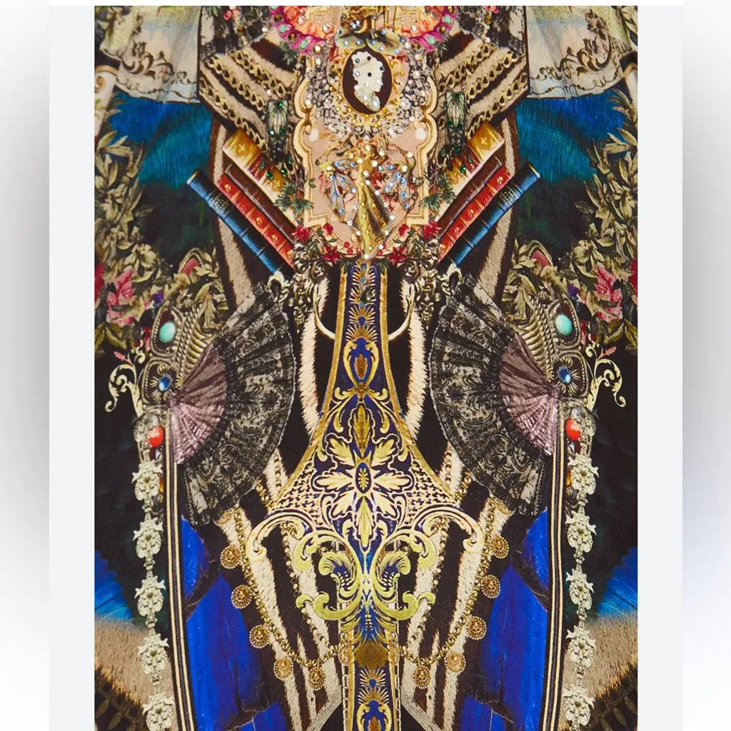 CAMILLA 100% Silk A-line Off the Shoulder Gems Boho Frill Dress Women’s Sz M - Image 15