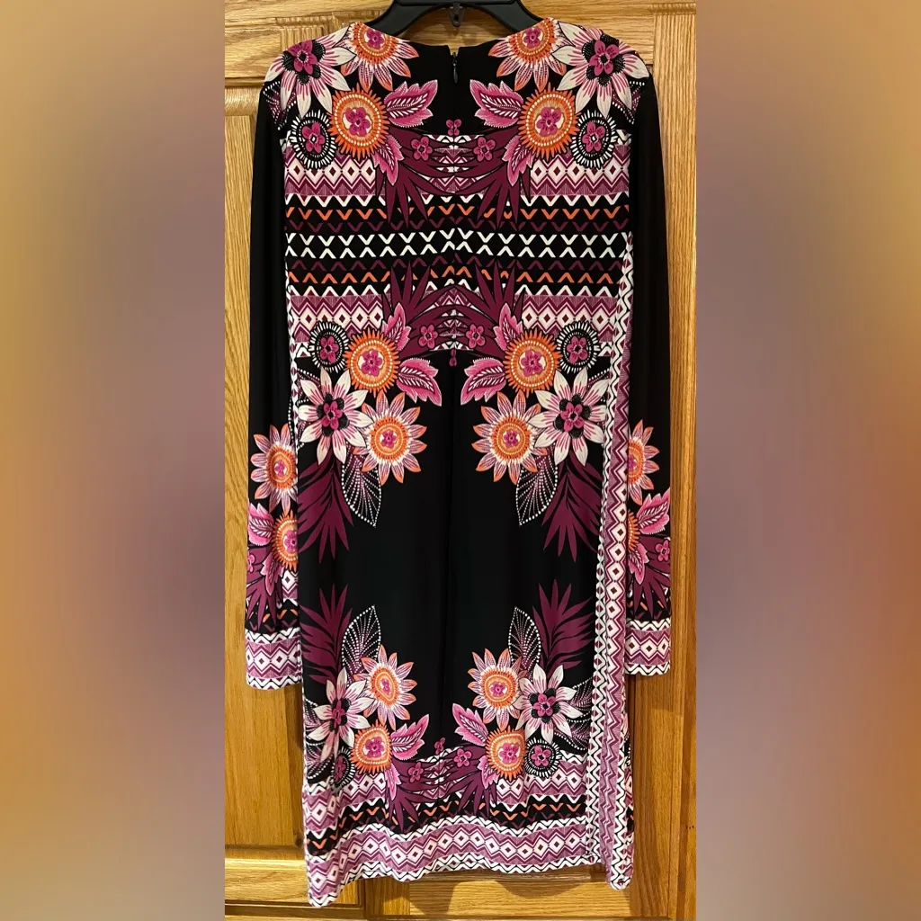 Donna Morgan 3/4 Sleeve Pink Floral‎ Print Stretch Jersey Shift Black Dress Sz 2 - Image 9
