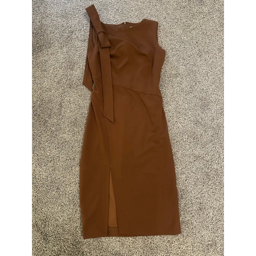 Women's Calvin Klein Chocolate Brown One Bow Shoulder Midi Dress Size 2 - Image 2