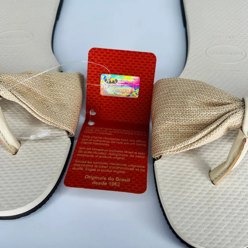 Havaianas You St. Tropez Shine Gold Denim Tan Bow Flip Flop Thong Sandals - Image 7