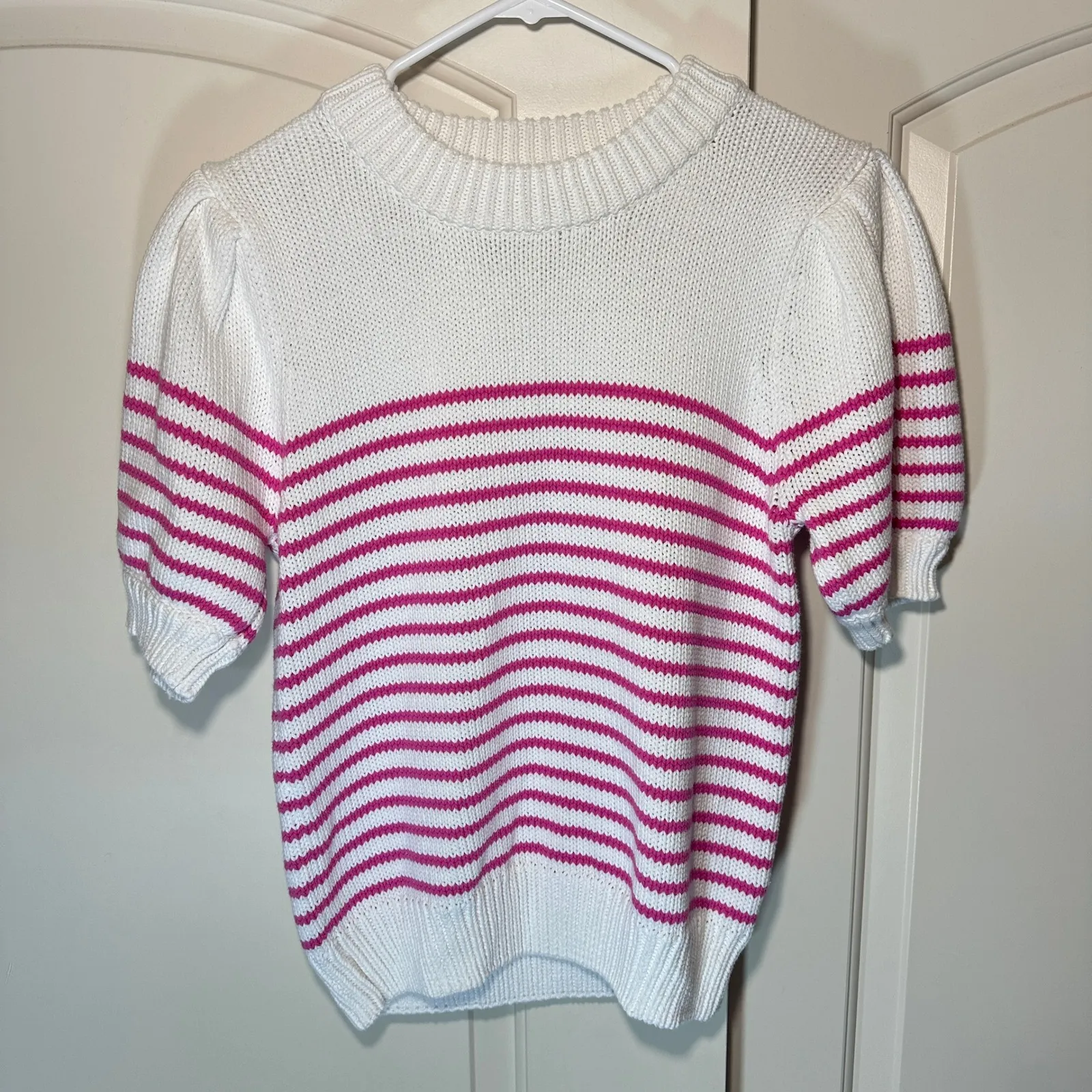 English Factory Striped Puff Sleeve‎ Sweater Short Sleeve Womens M White Pink - Image 2