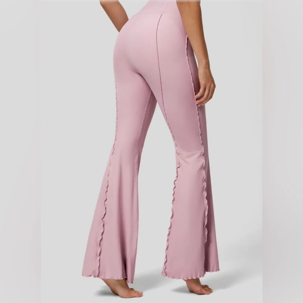 Halara Ribbed High Waisted Lettuce Trim Back Pocket Flare Dance Leggings Size XS - Image 2