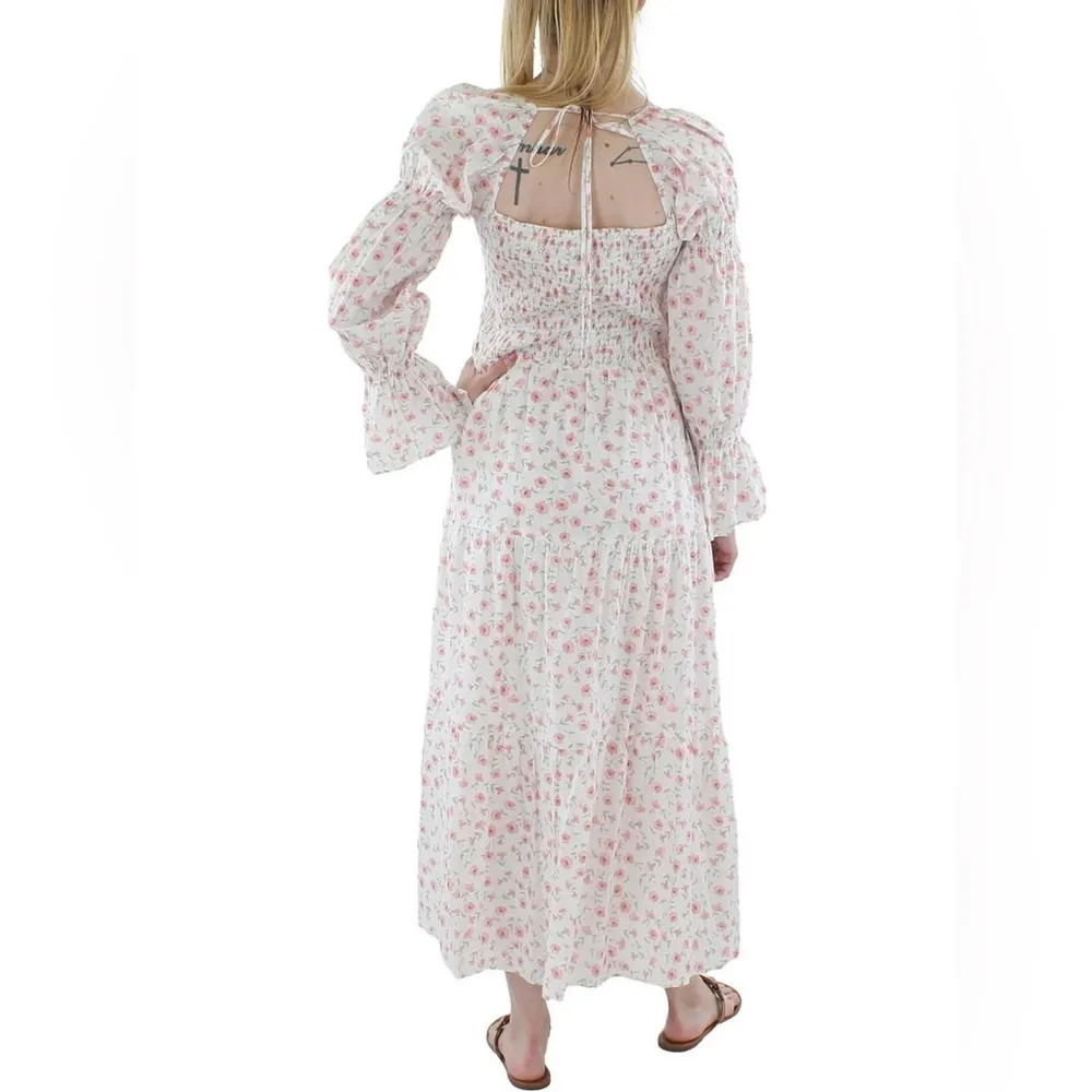 Revolve Lucy Paris Maxi Dress white with red pink flowers and puff sleeves XS - Image 2