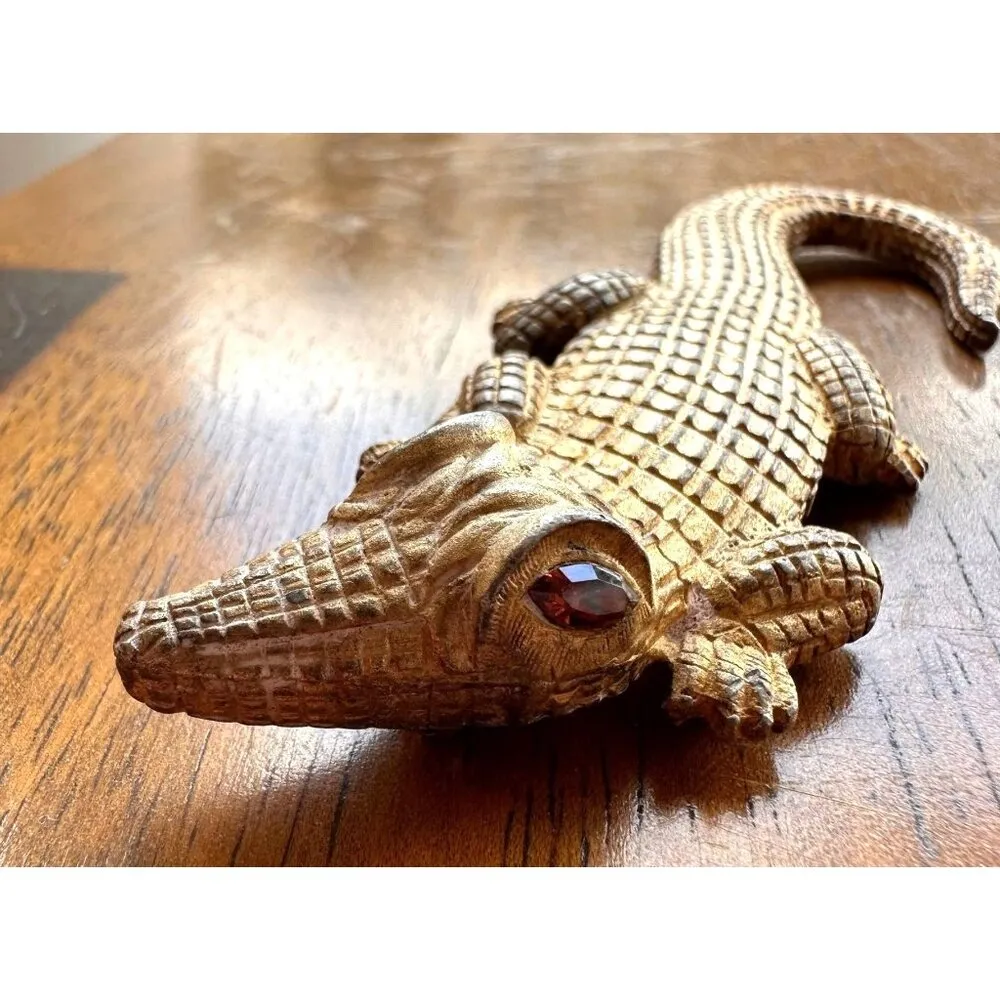 Vintage Maresco Crocodile Brooch Pin Alligator Topaz Crystal Glass Eyes … Gold - Image 2