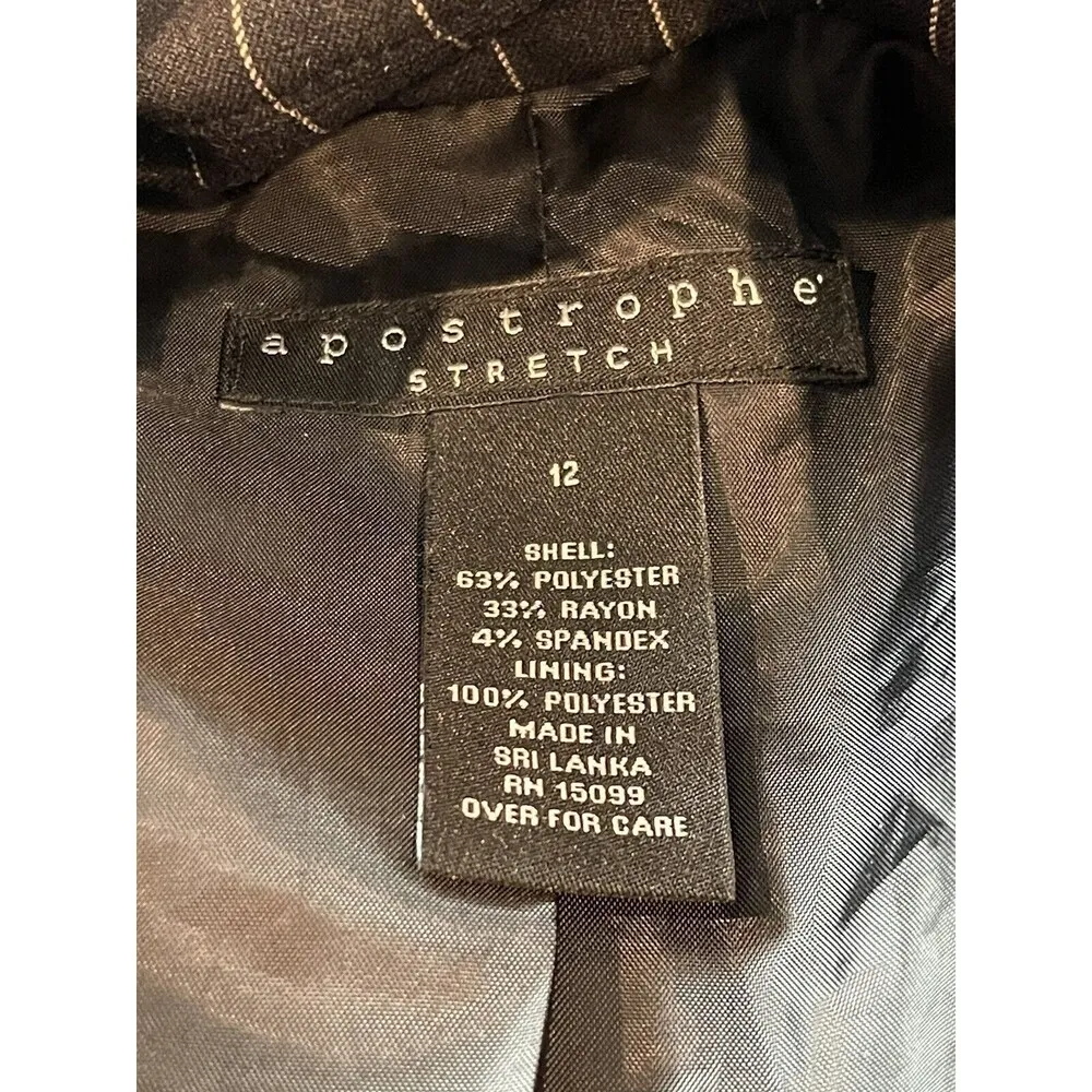 Apostrophe Stretch Two Piece Black Pin Striped One Button (Snap) Skirt Suit 12 - Image 14