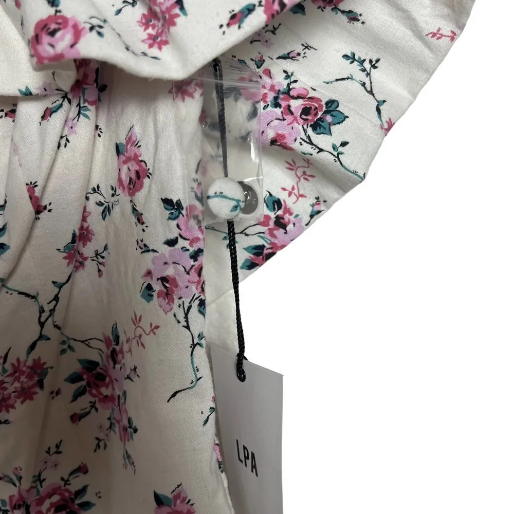 LPA White Floral Print Ruffled Off the Shoulder Linen Smocked Top Size XS - Image 8