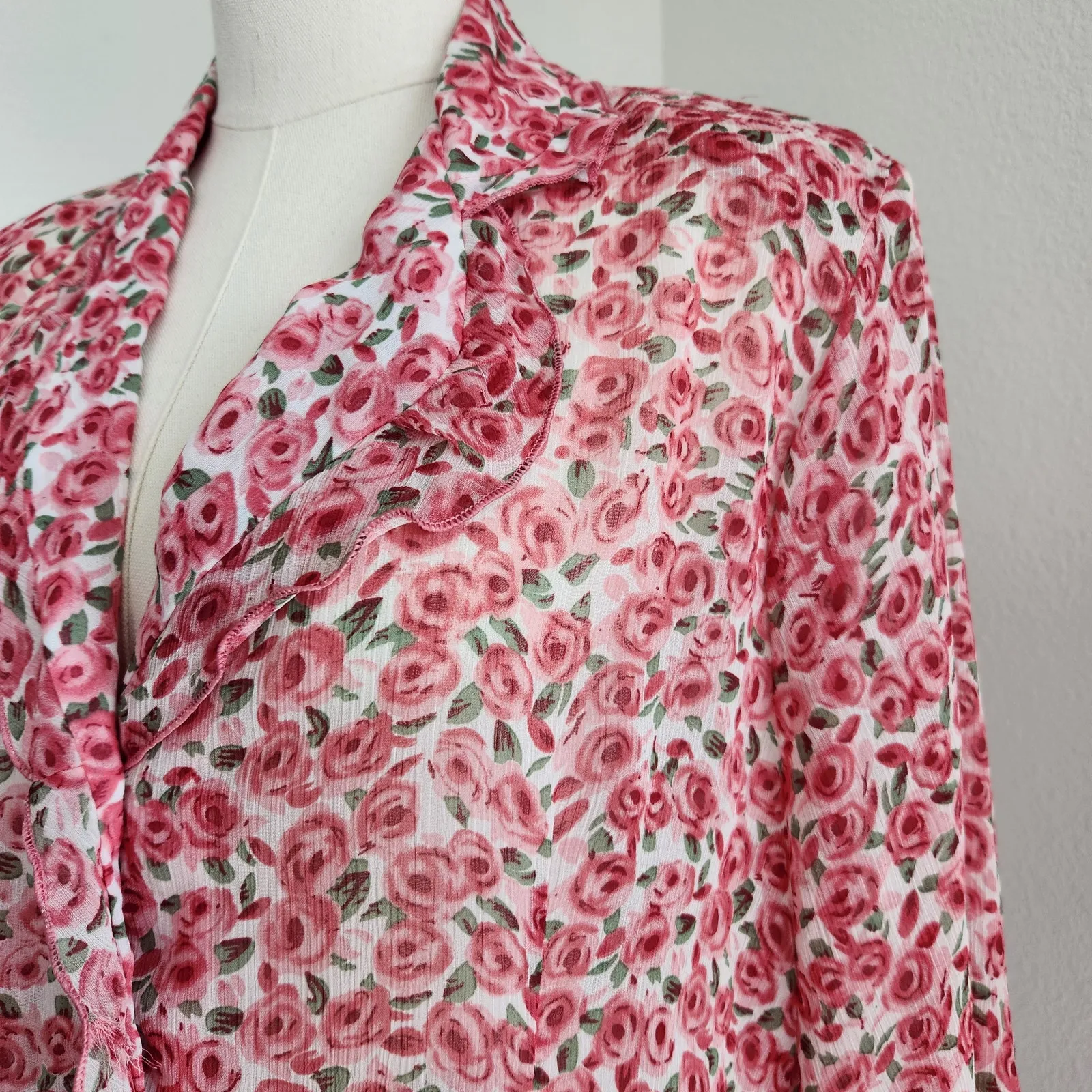 Vintage 80s Masaccio Rose Print Sheer Button Down Blouse EU 42 L - Image 4