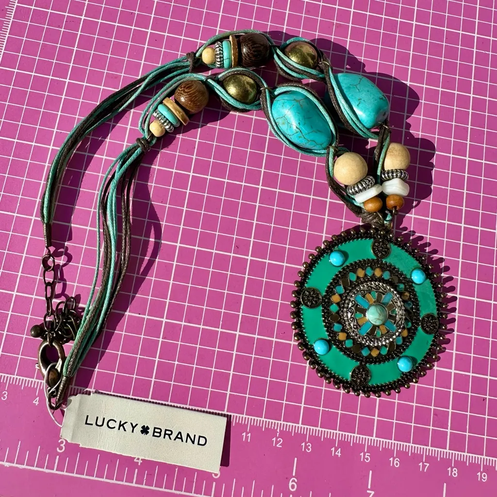 Lucky Brand Turquoise and Brown Beaded teal round pendant Necklace 25” - Image 5