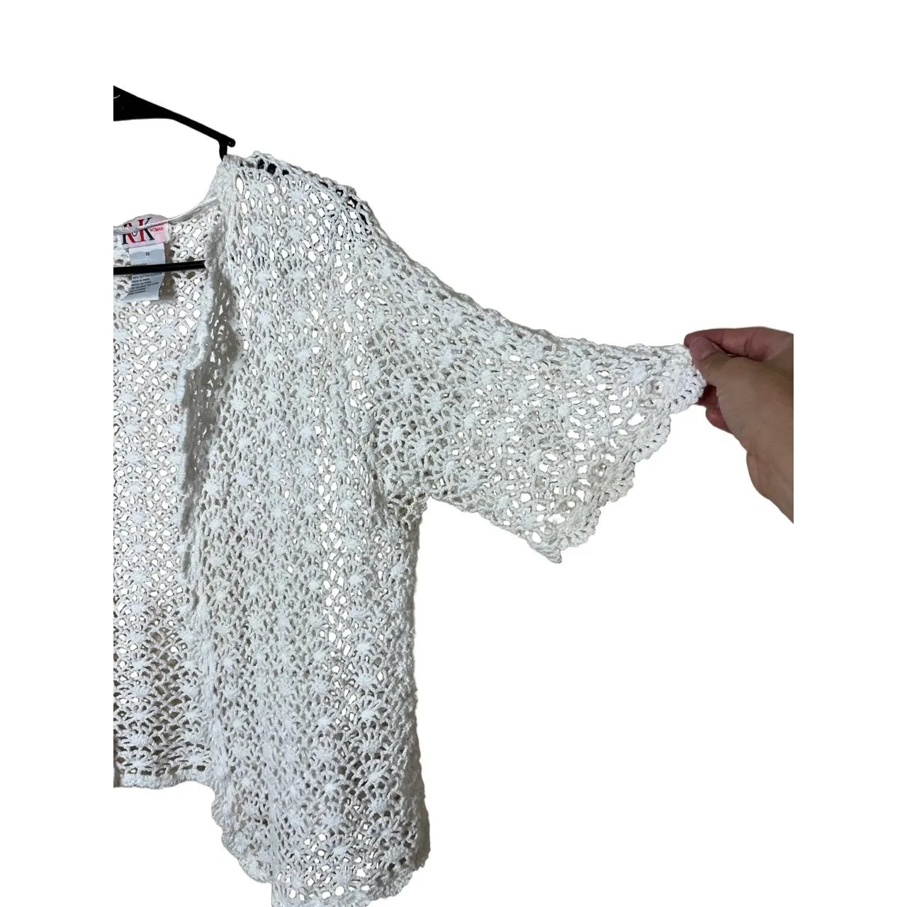 Vintage R&K Womens 1X White‎ Crochet Cardigan Open Front Scalloped Bohemian White - Image 4