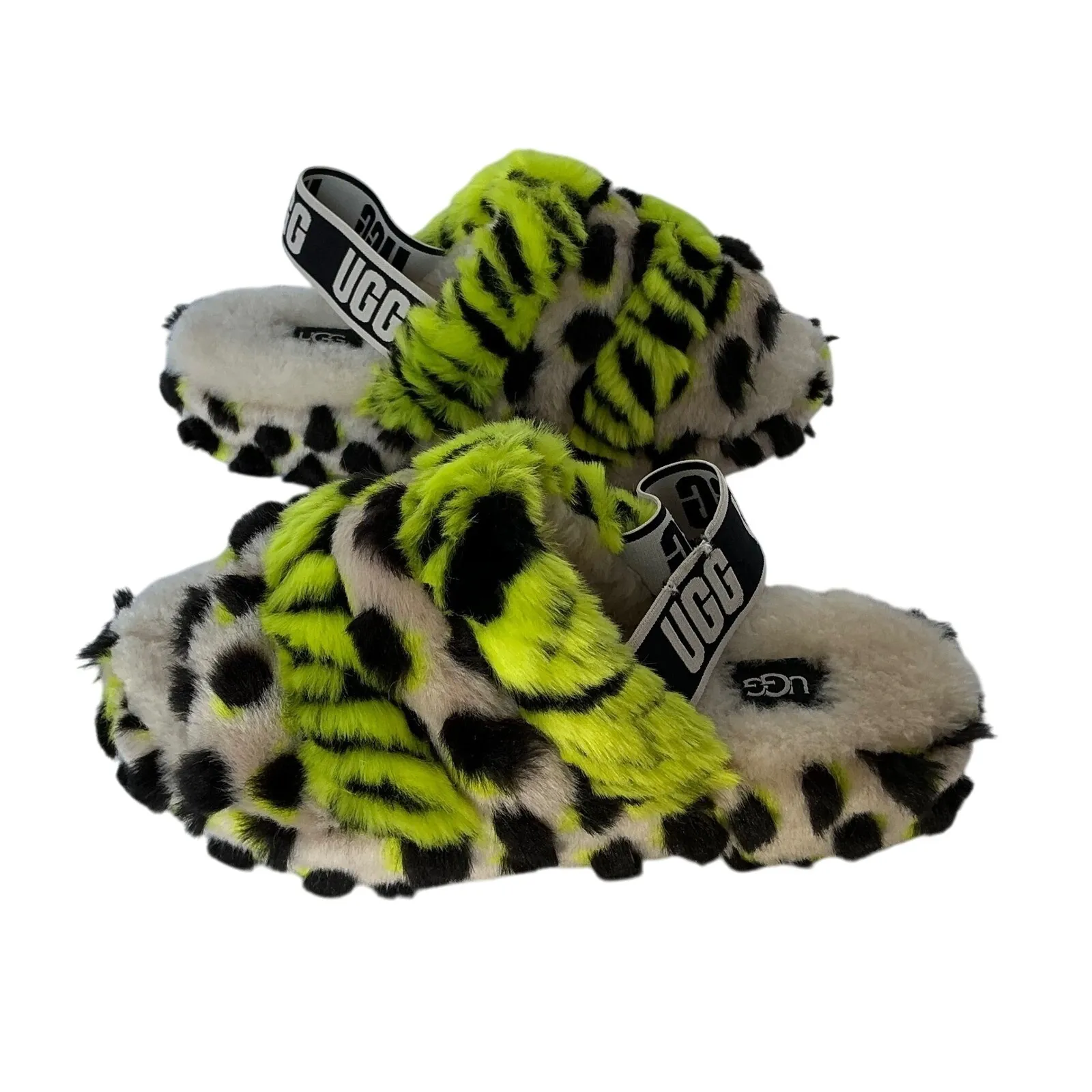 UGG Fluff Yeah Rare Colors‎ Slippers Women's 7 Neon Leopard Print Shearling Fur - Image 2