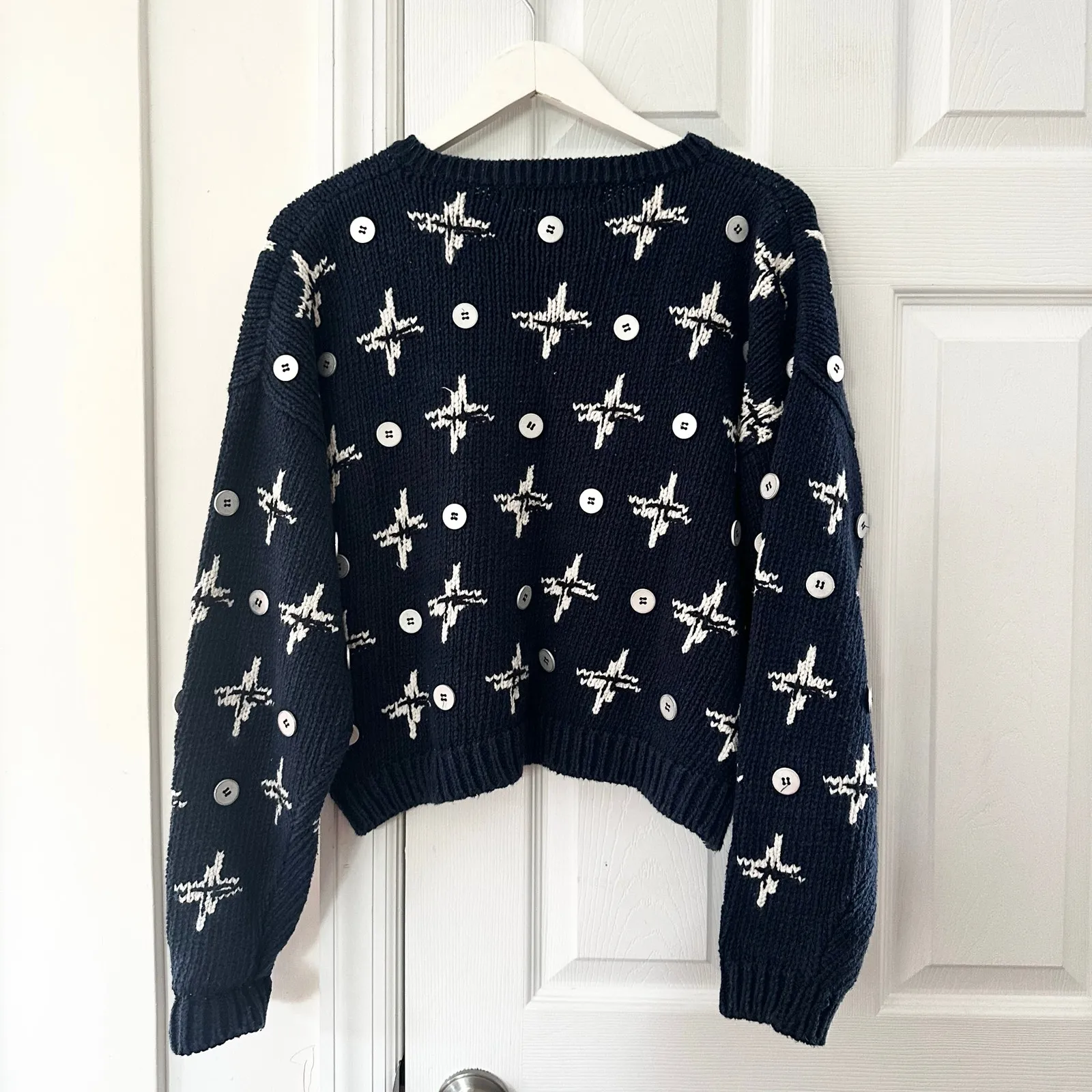 Josephine Chaus Vintage Navy Blue Starburst Button Handknit Sweater Korea Medium - Image 8