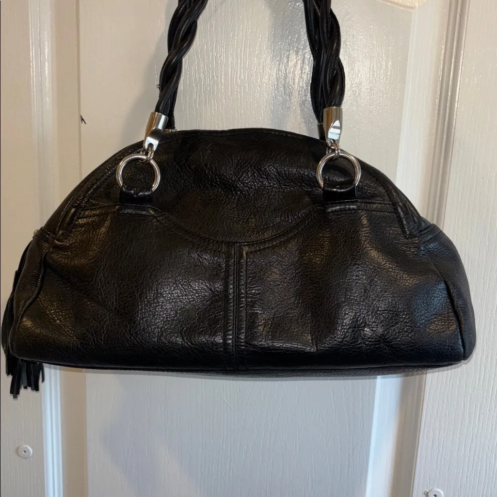 ALFANI BLACK LEATHER SHOULDER BAG DOMED SHAPE BRAIDED HANDLES SILVER ACCENTS - Image 2