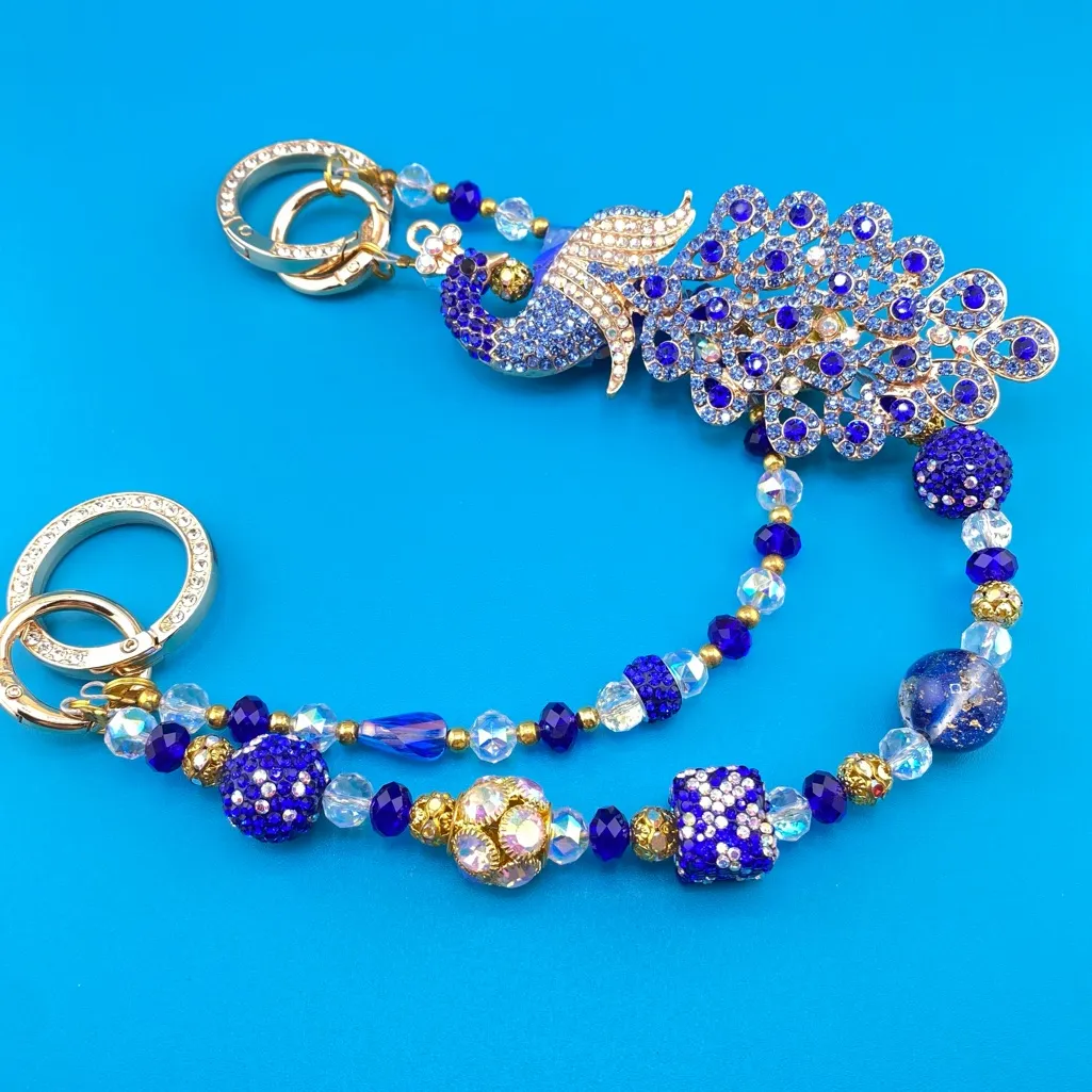 🦚Luxury Bag/Phone Chain Charm/Keychain Blue Rhinestone PEACOCK Crystal Beads - Image 9