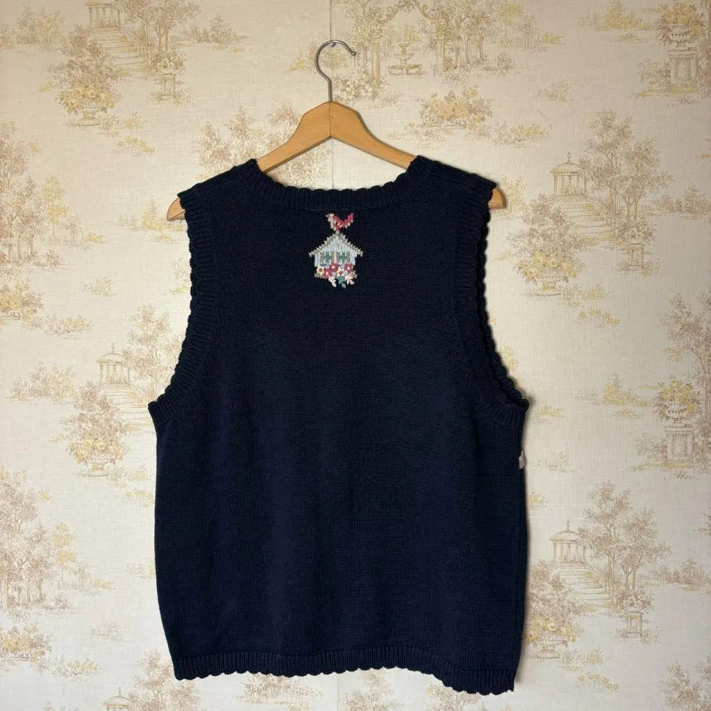 Vintage 90s blue cottagecore flower garden bird house sweater vest cardigan XL - Image 6