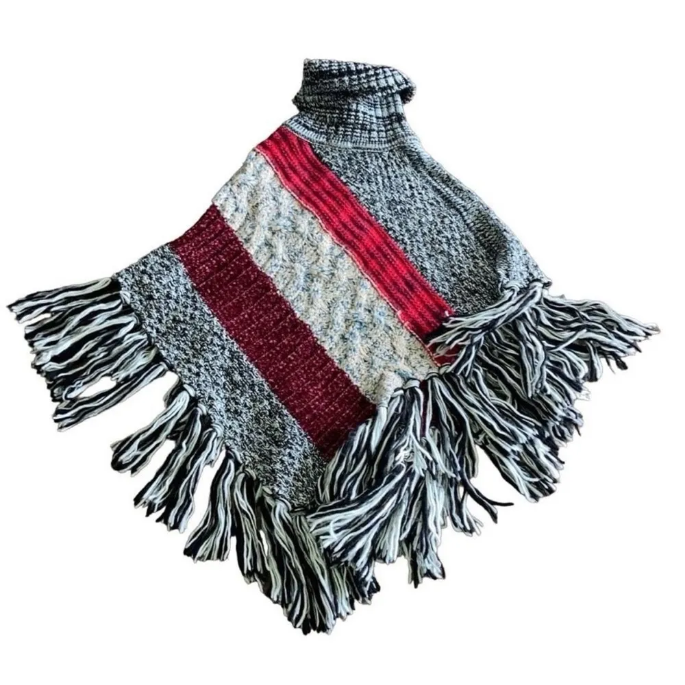 Desigual One Size Fits Most Multicolor Cowl Neck Fringe Hem Asymmetrical Poncho - Image 2