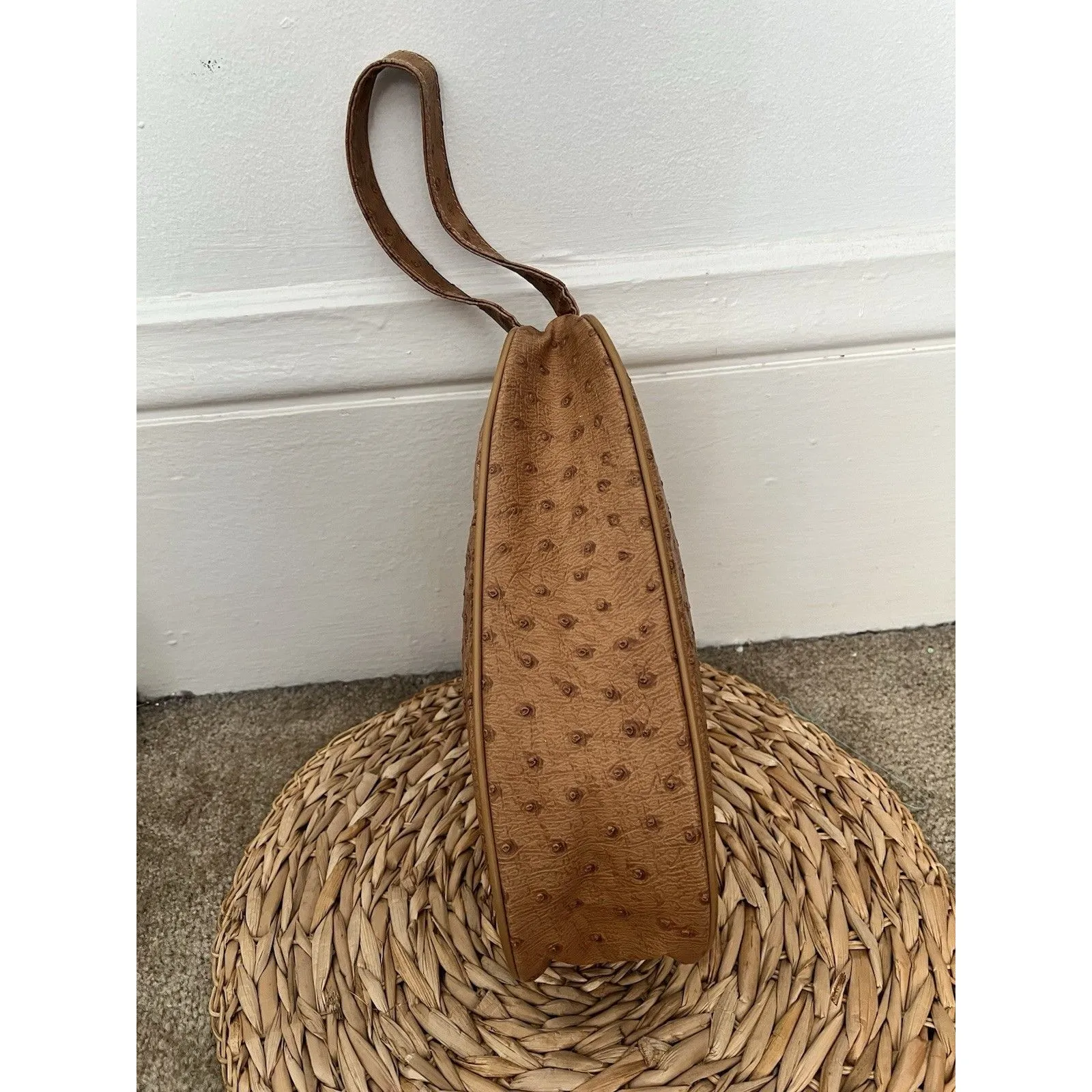 Vtg Ostrich Embossed Avocado Sling Bag Western Tan Zipper Clutch Country Ranch Brown - Image 5