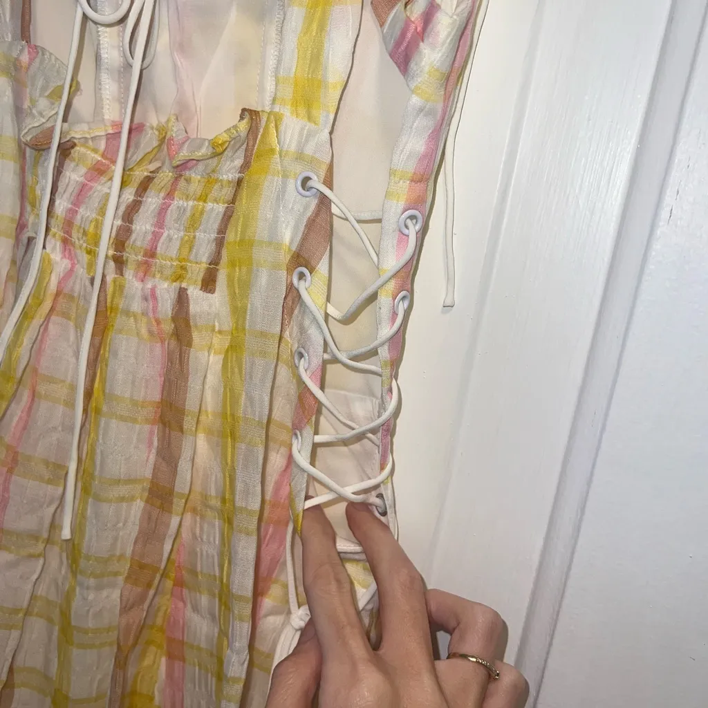 For Love And Lemons Yellow Pink and White Rue Midi Dress - Image 11