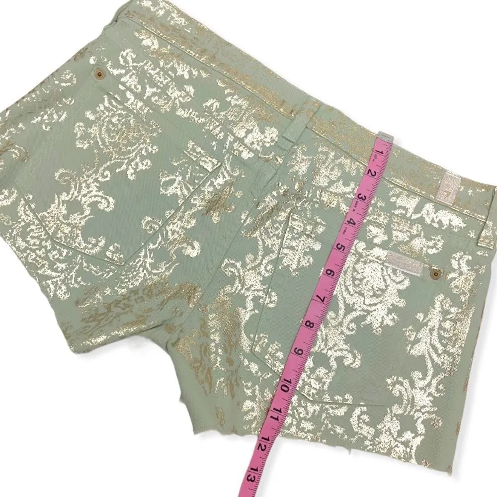 7 For All Mankind  Mint Brocade Gold Foil Denim Shorts - Image 6