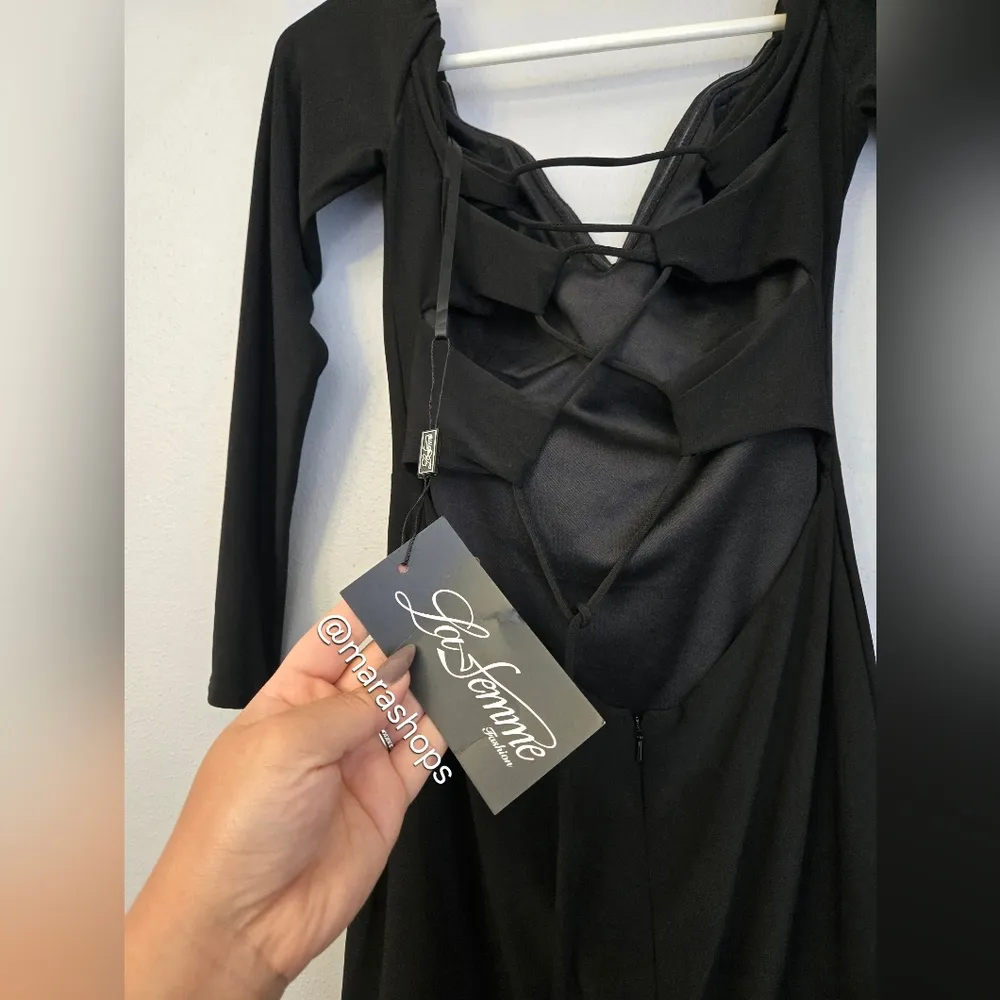 La Femme Black Strappy Back Mini Dress - Image 3