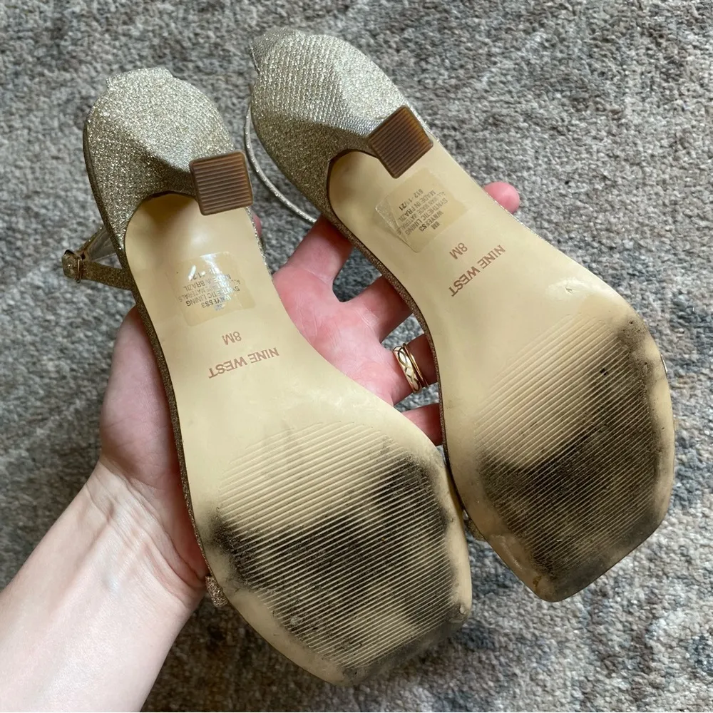 Vintage Nine West Gold Glitter Square Toe Ankle Strap Nudist Prom Wedding Heel 8 - Image 5