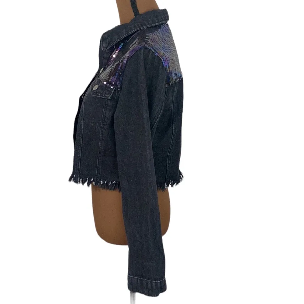 Le Lis shimmer and shine sequined cropped denim jacket with fringe hem size S - Image 6