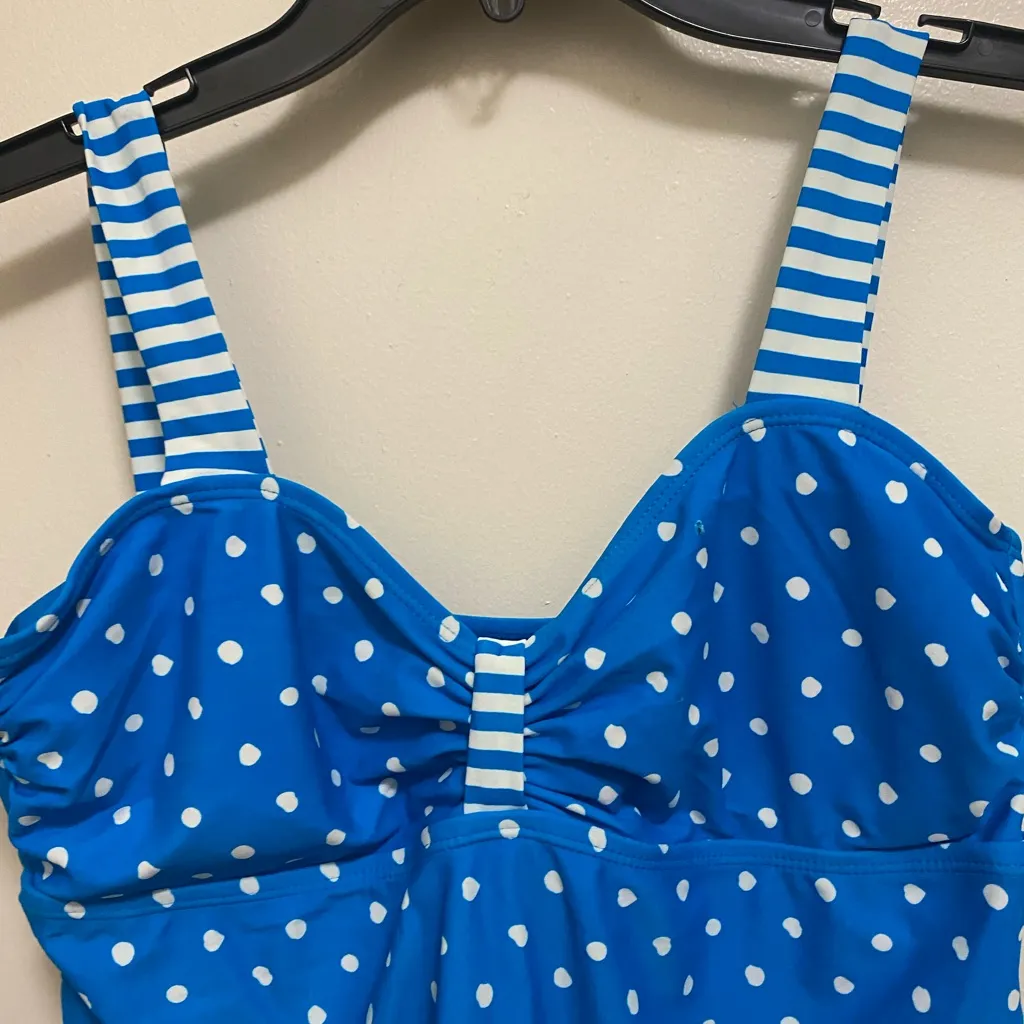 US Polo Assn Womens One Piece Swimsuit L Large Blue White Polka Dots Stripes - Image 2