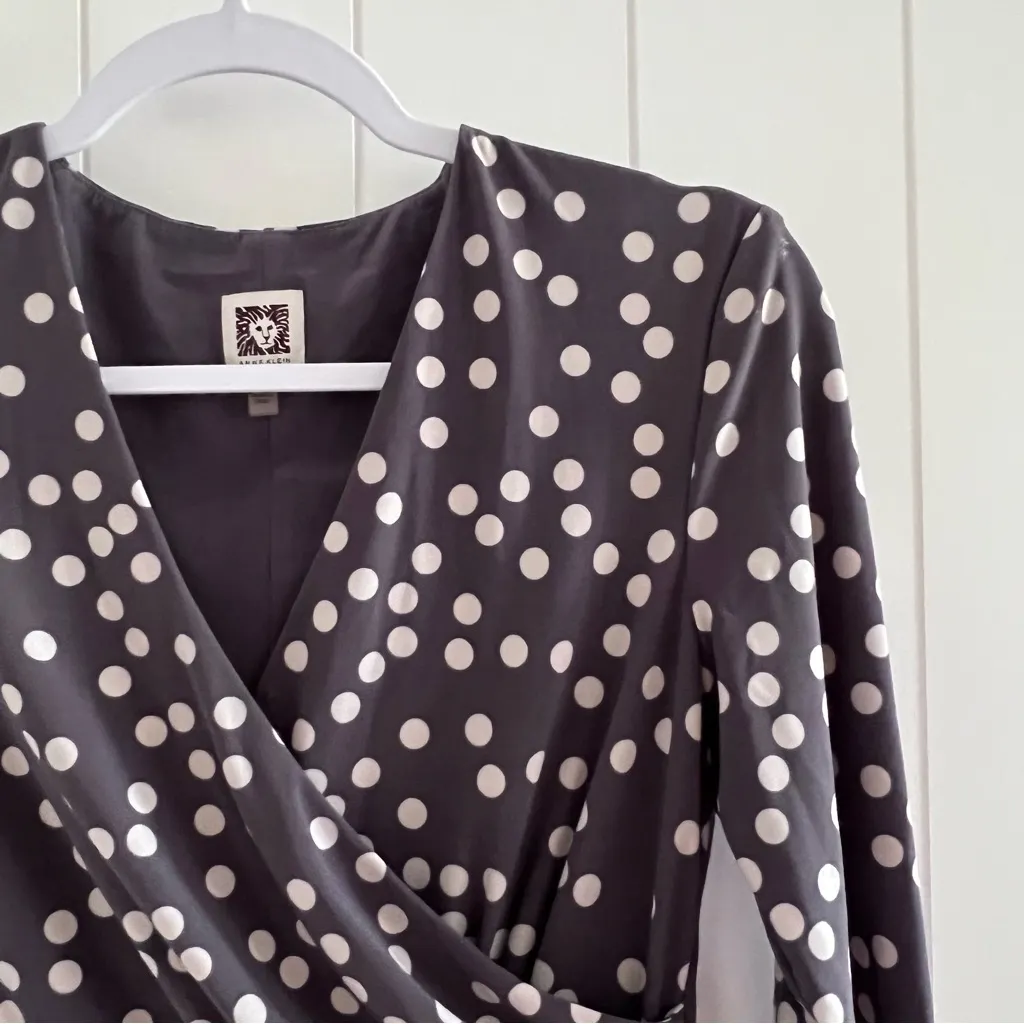 Ann Klein Polka Dot Wrap Dress in Brownish Gray and Beige Polka Dot - Image 3