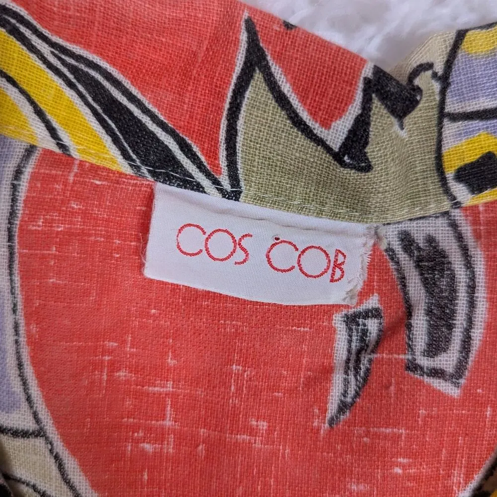 90s Vintage Tropical Print Short Sleeve Button Down Top Yellow Orange Green M - Image 4