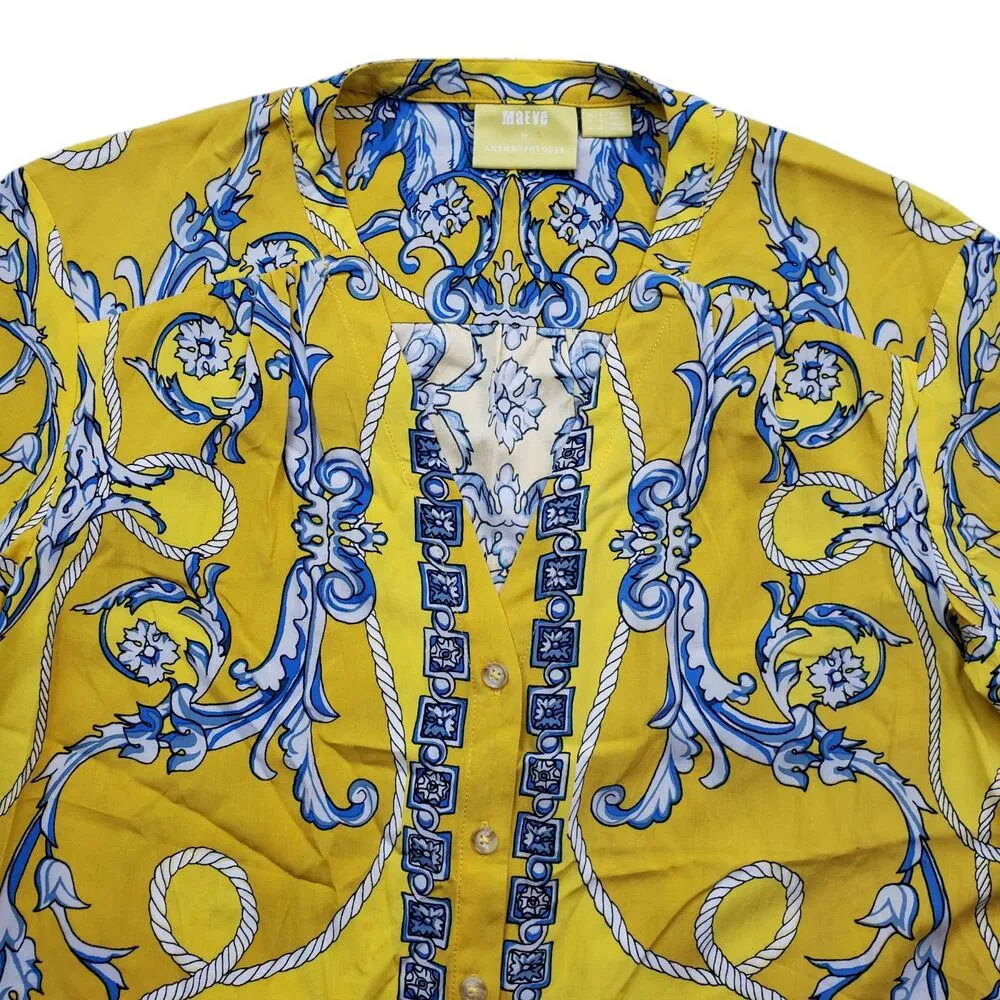Maeve Anthropologie Elan Scarf Print Tie Front Blouse Womens 0 Yellow V Neck - Image 8