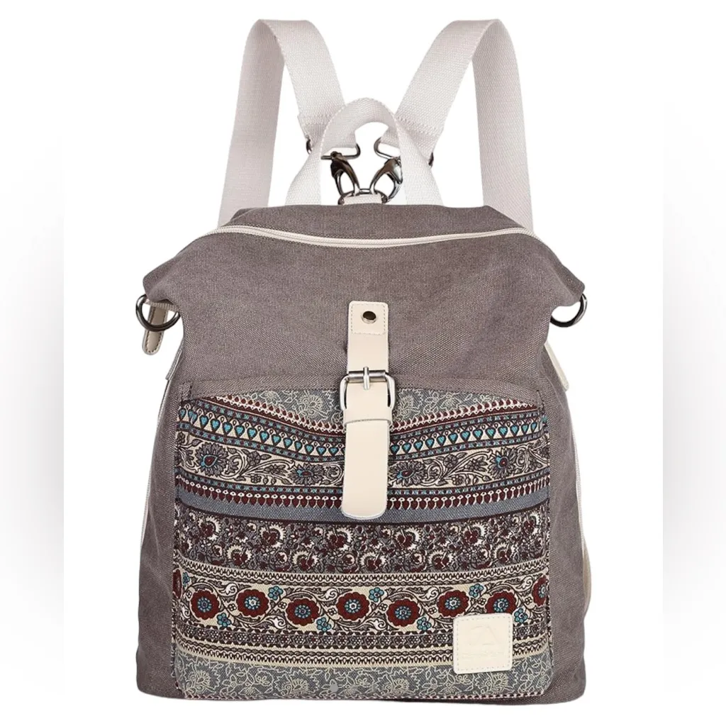 NWOT Canvas Artisan Floral Boho Convertible Crossbody Backpack Tote Bag Gray - Image 6