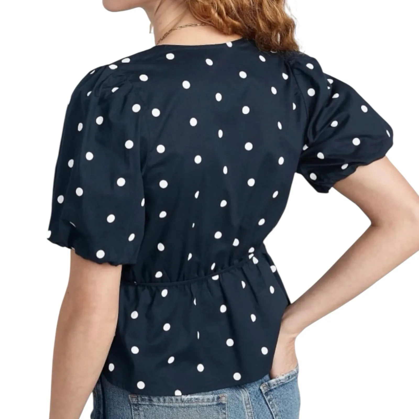 Old Navy Wrap Blouse‎ S Waist-Defined Puff Sleeve Navy Blue Floral Polka Dot - Image 2