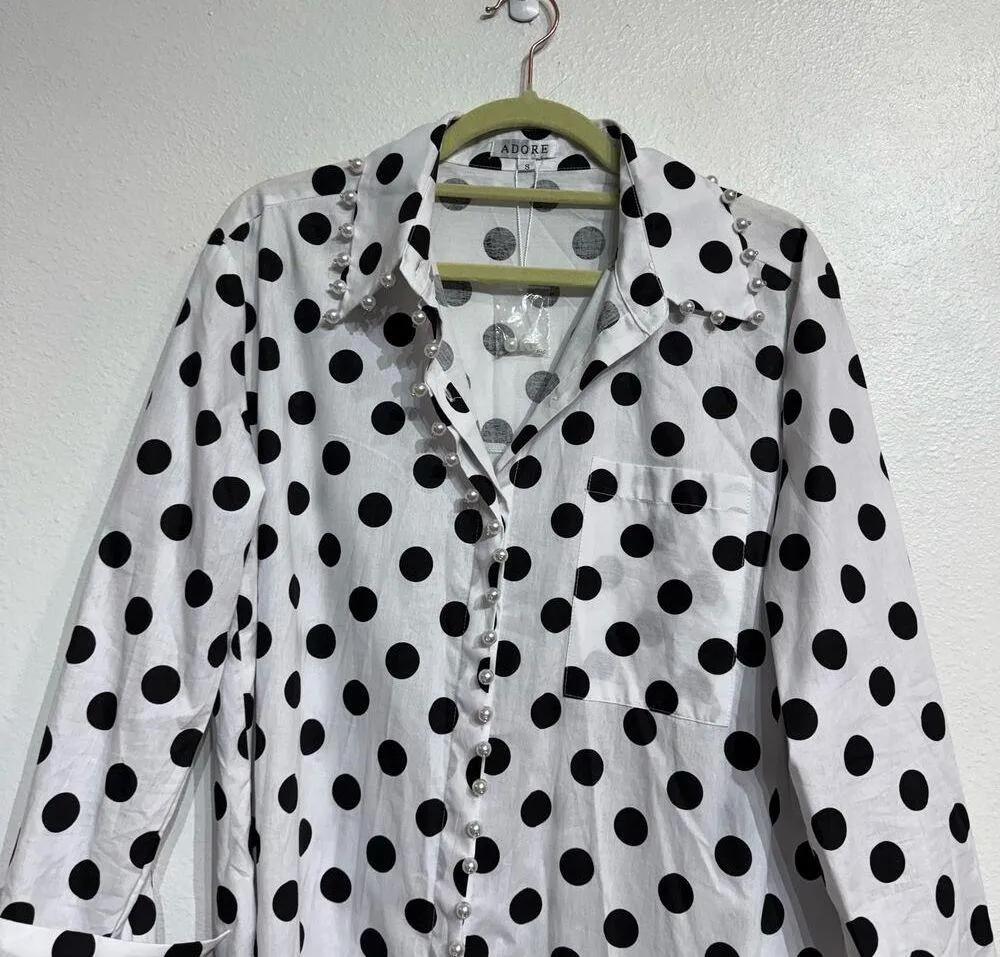 Adore White Pearl Polka Dot Button Down Blouse Sz S NWT - Image 3