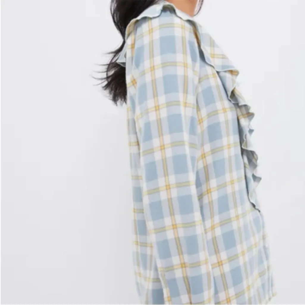 NWT Tuckernuck blue Plaid Ruffle Eileen button down blouse S - Image 5