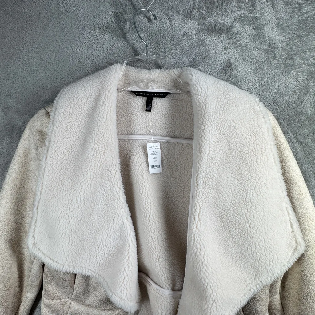 White House Black Market Jacket Women L Neutral Faux Shearling Drape Coat Winter - Image 4