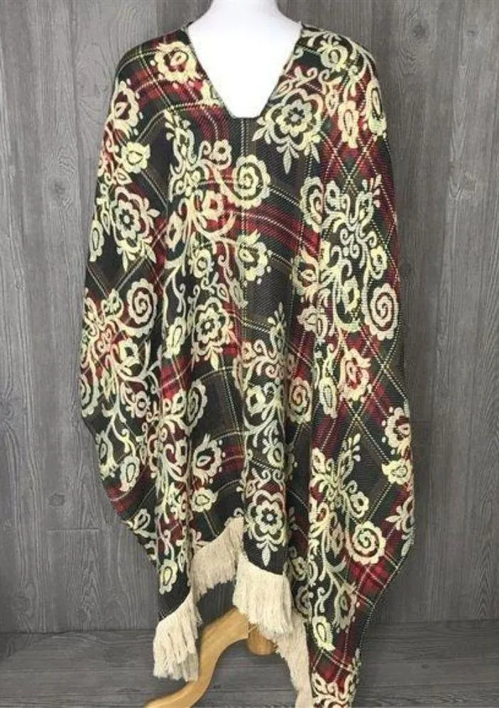 Oversized poncho floal scroll design fringe sweatshirt sweater xs Green - Image 3