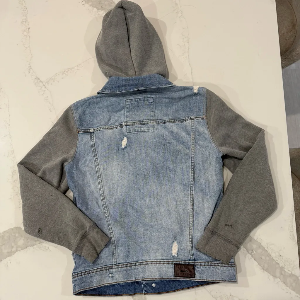 Hollister Distressed Denim Jersey Hooded Button Jacket Womens Small Blue/Gray - Image 6