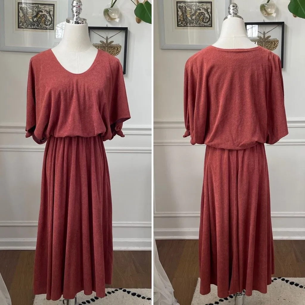 Vintage 70s Patty O’Neil Rusty Brown Blouson Midi Dress XS - Image 2