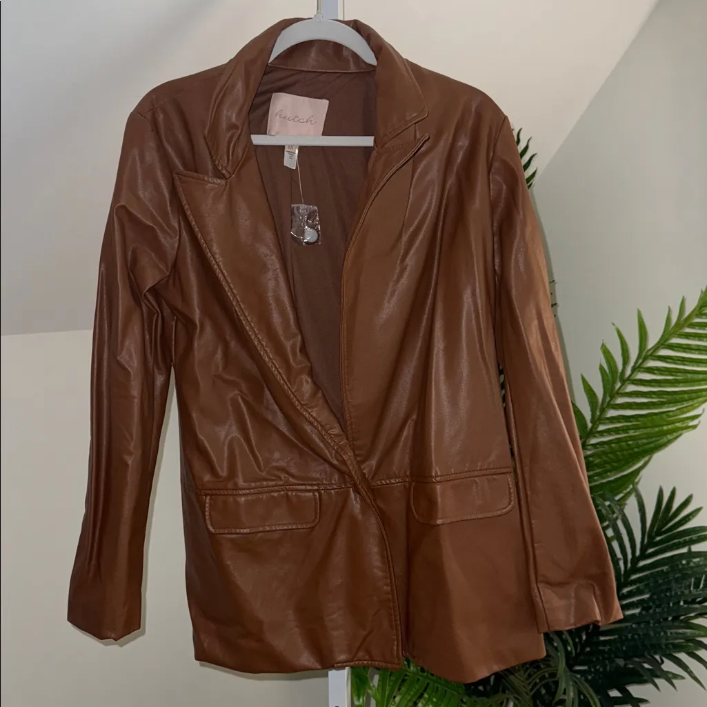 Hutch Anthropologie Faux Leather Single Button Blazer Jacket Brown Size Medium - Image 2