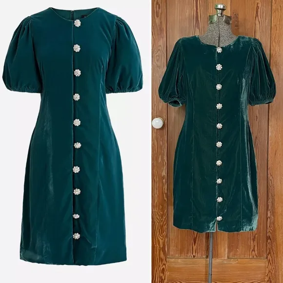 NWT J. Crew Collection Green Velvet Jeweled Button Front Mini Dress - Sz 6 - Image 2