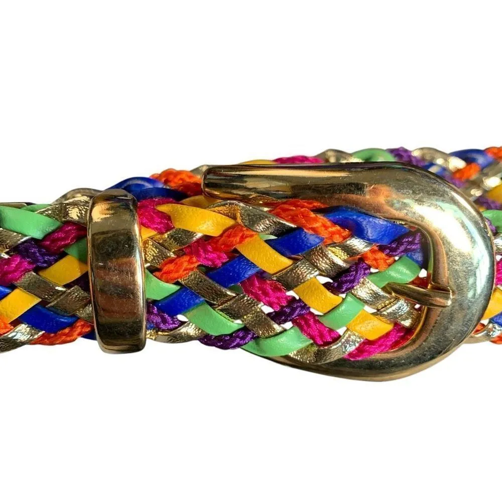Vintage Multicolor Rainbow Braided Statement Belt Gold - Image 6