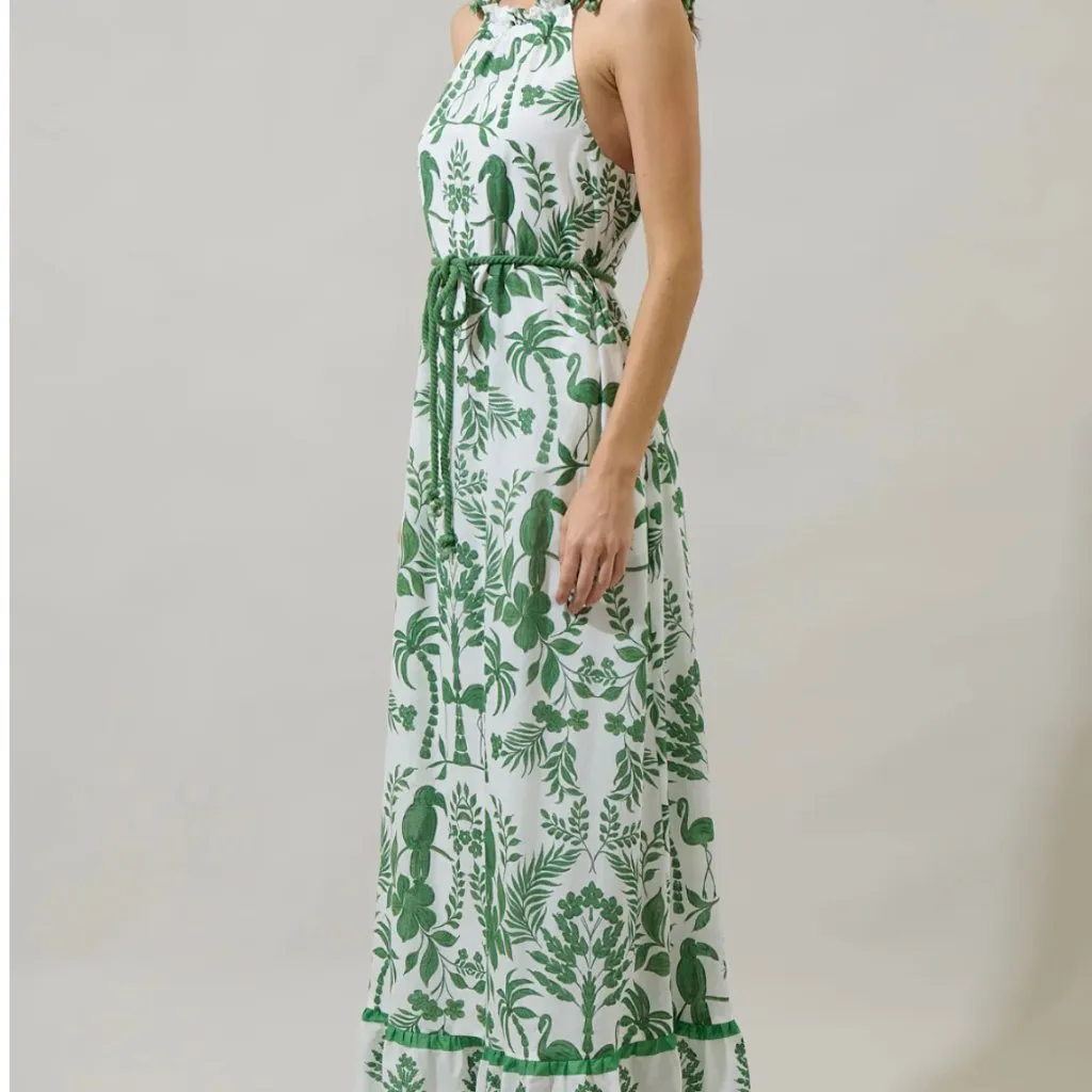 🍃 Tropical Floral Kay Halter Neck Maxi Dress Rope Green & White Size M - Image 2