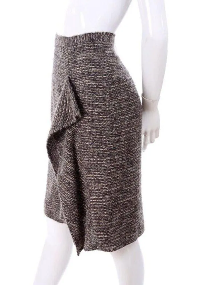 Oscar de la Renta Black White Tweed Ruffled Knee Length Pencil Skirt Size 8 - Image 3