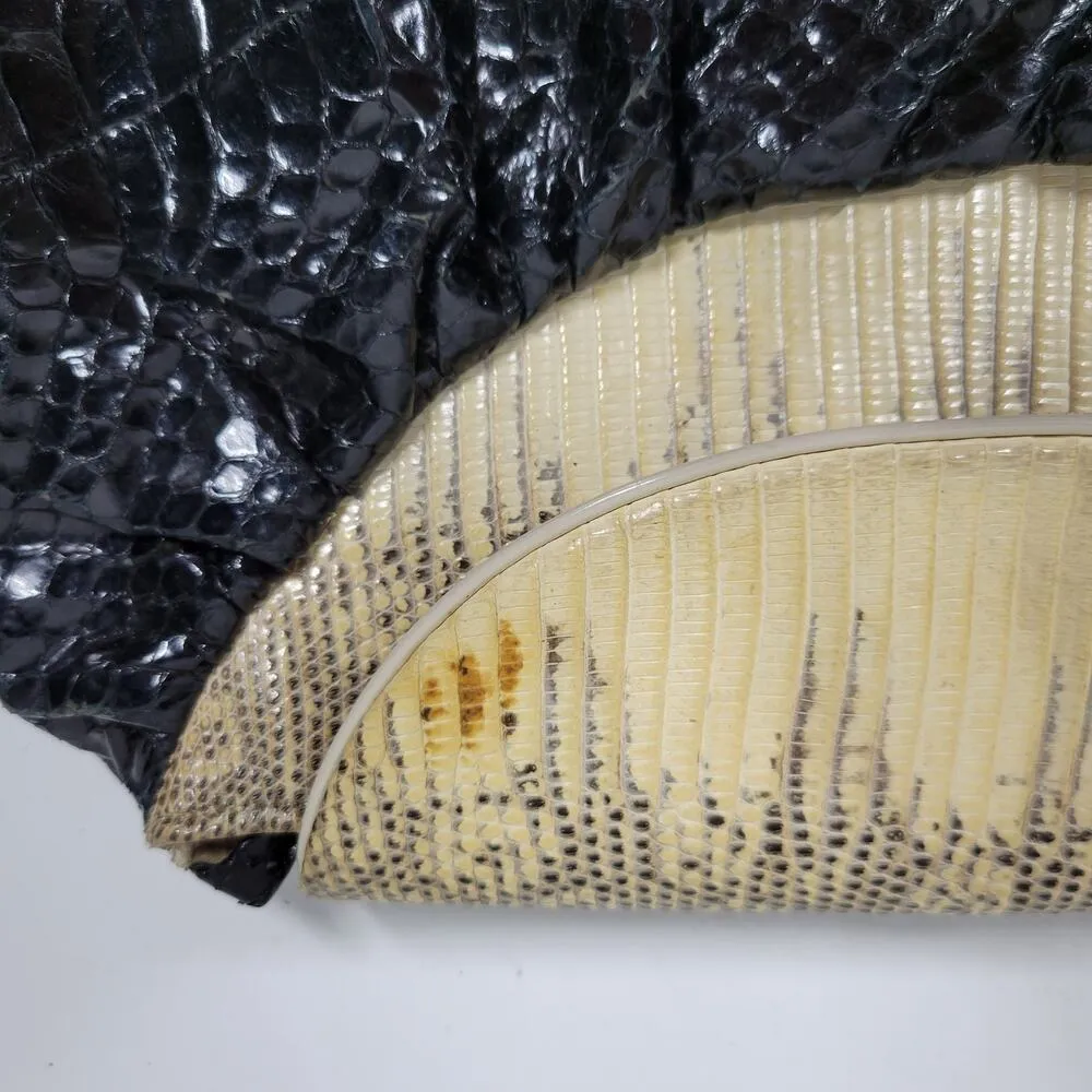 Vintage Snakeskin Clutch Purse Womens Cream Black Snap Closure Crossbody Strap - Image 10