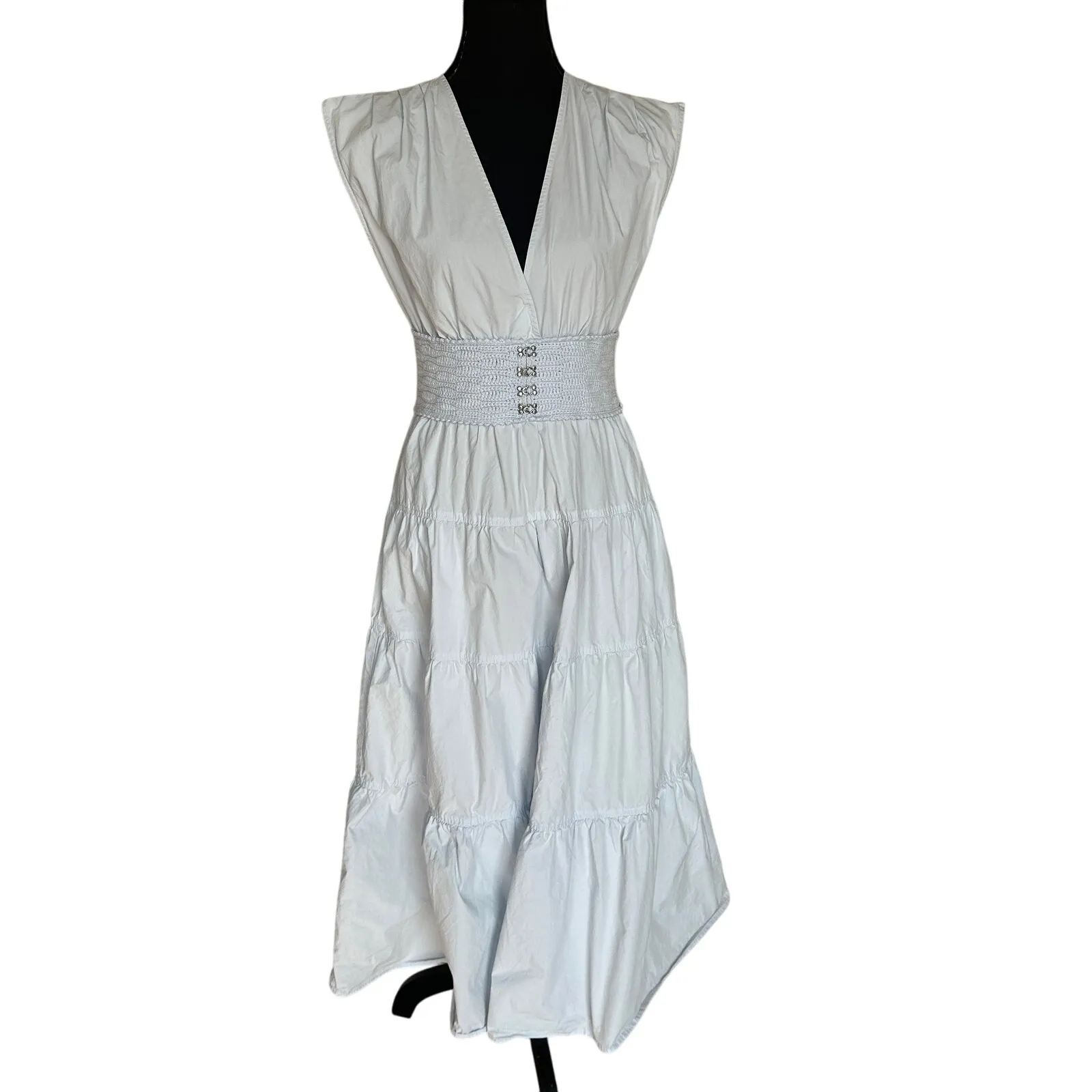 Derek Lam Baby Blue Tiered Ruffle Midi Dress Size 4 Cotton Cottage Designer $385 - Image 6