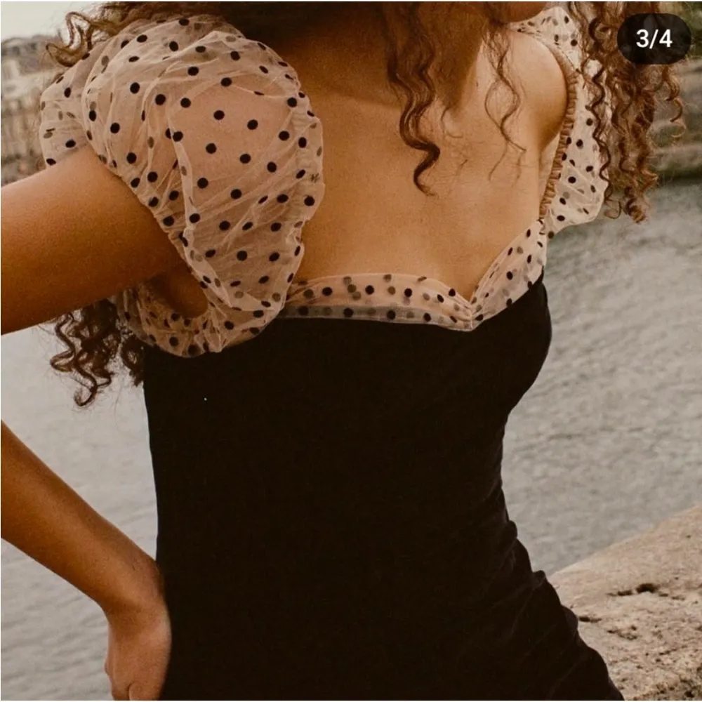 Camila Coelho Heirloom Velvet Tulle Puff Sleeve Flocked Dot Dress in Black Sz L - Image 2