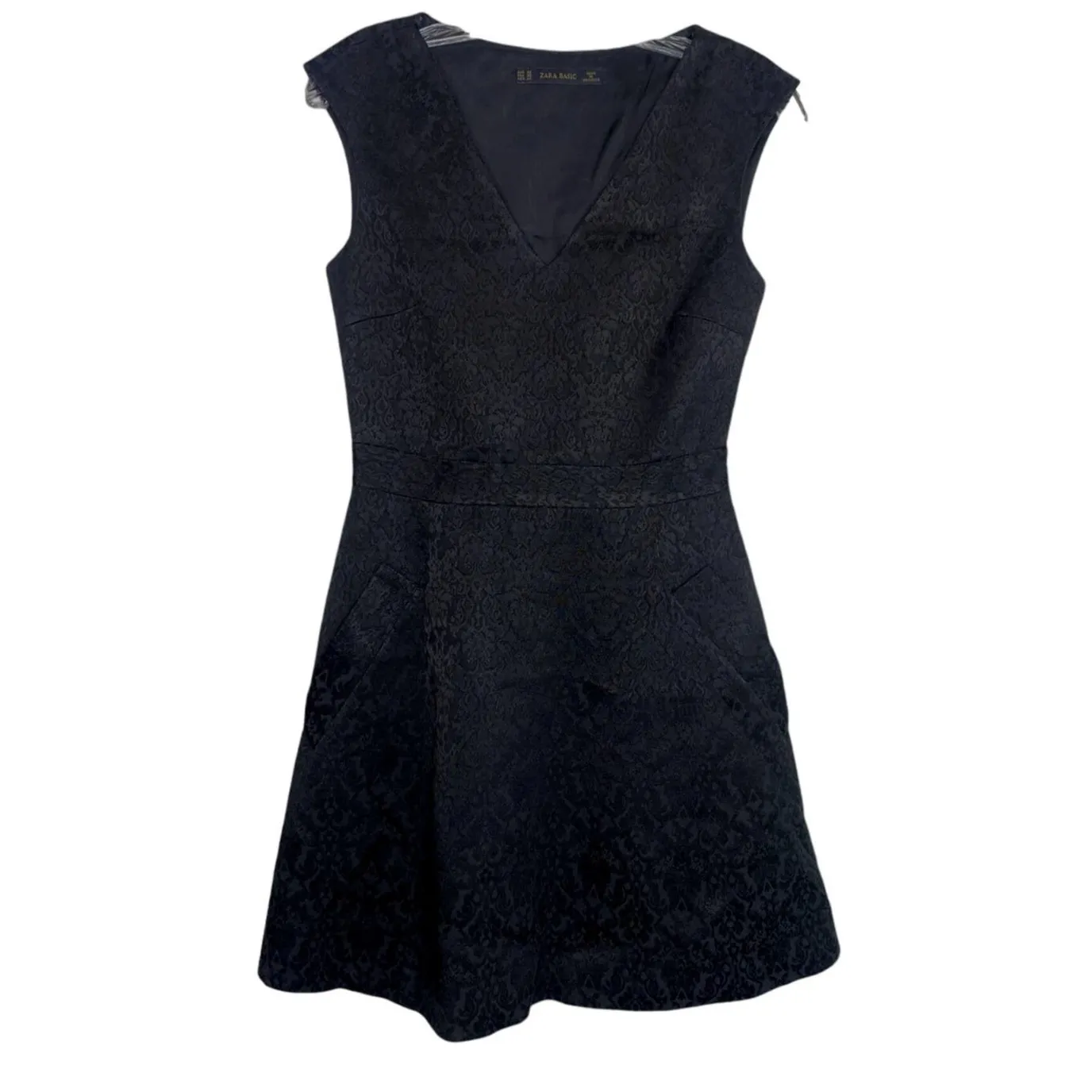 ZARA Sleeveless Embossed Jacquard V Neck Dress Pockets Back Zip up XS Black - Image 2