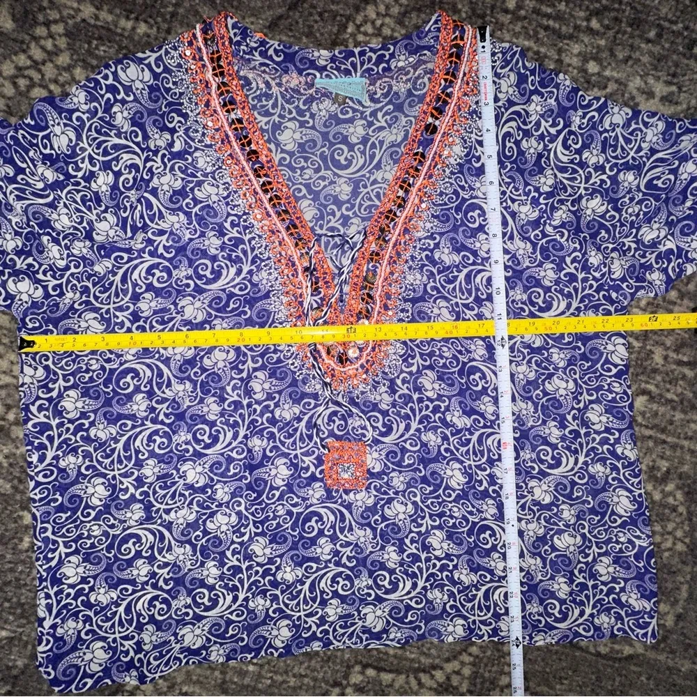 TAJ by Sabrina Crippa Women’s S Blue White Silk Orange Beaded Sequin Top Blouse - Image 9