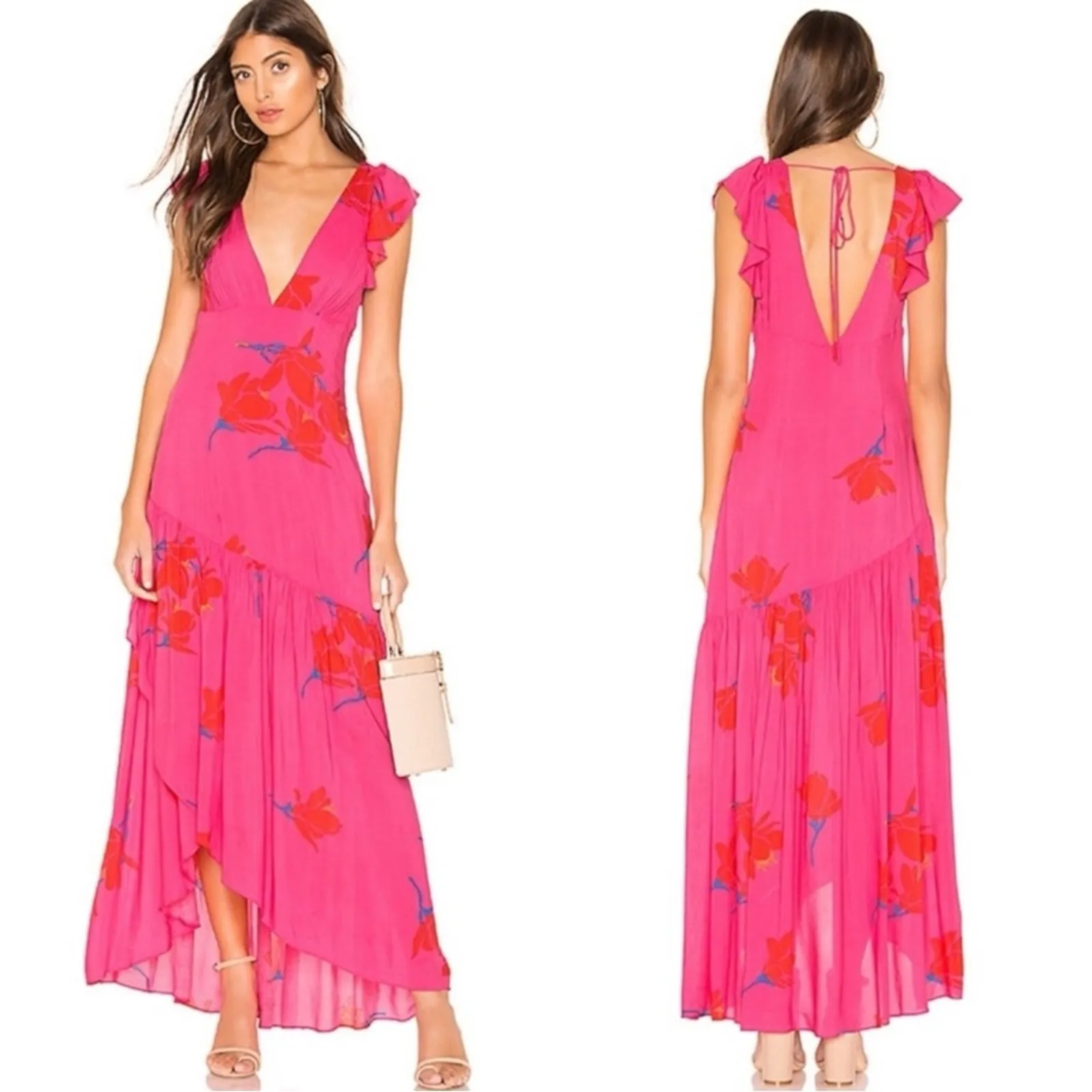 Free People Tropical Hawaiian Hibiscus Hot Pink Floral Maxi Dress Size 8 Summer - Image 3